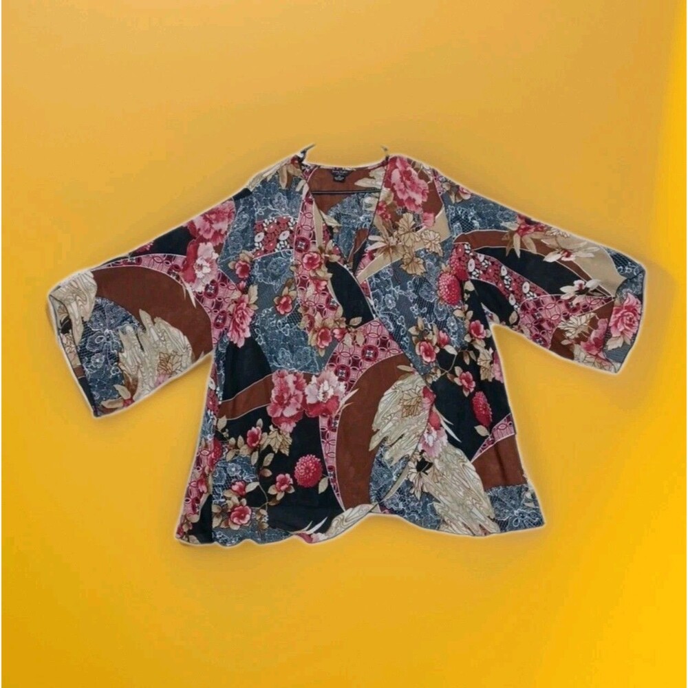 Sunny Taylor 2X Abstract Floral Blouse Y2K Flare Sleeve Open Front Hippie Boho